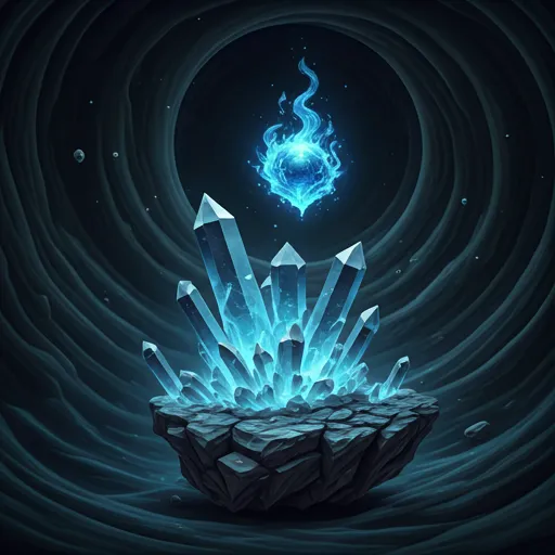 Ancient crystalline structures and floating blue magical essence